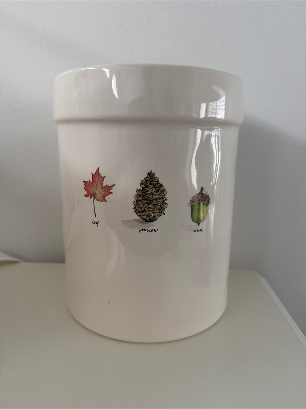 Rae Dunn White Utensil Holder with Fall Leaf, Pinecone & Acorn